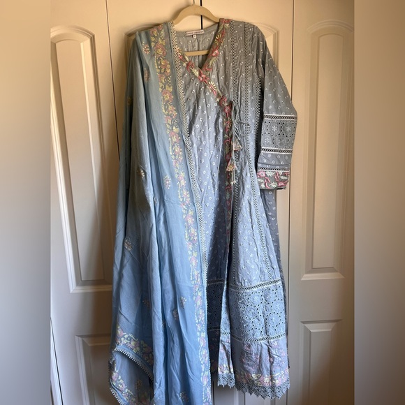 Ansab Jahangir Sky Blue Floral Embroidered Anarkali 3-Piece Size S | Pakistani - Picture 2 of 9